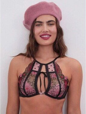 NWT For Love & Lemons Zinnia High Neck Embroidered Bra Black Pink Size 32C [jb]